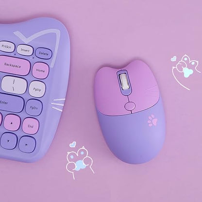 Cute Cat 2.4G USB Wireless Keyboard and Mouse Combo, Silent Keys, Candy Colors, Compatible with Notebook, PC (Purple-84Keys) - color: Purple-84Keys