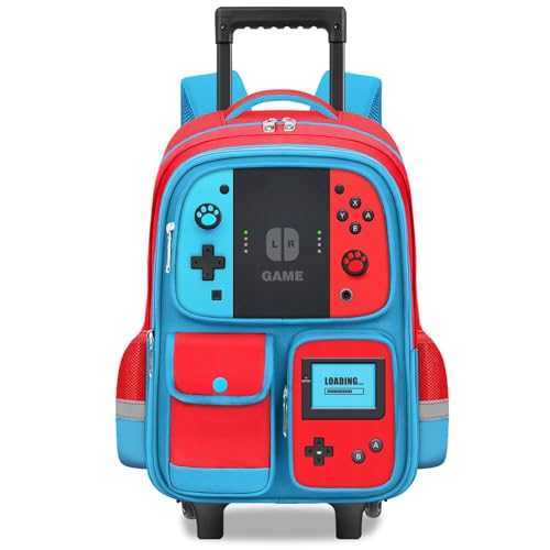 TILYTADLY Kids Rolling Backpack for Boys - Gamer Boys Rolling Backpack with Wheels, Wheeled Travel Bookbag for Elementary Middle School, Lightweight Roller School Bag - color: red-blue-Backpack only