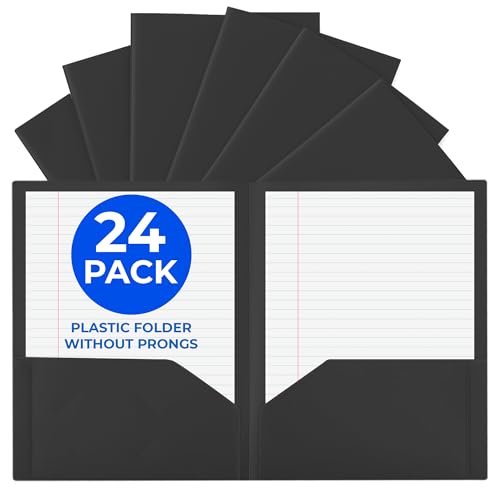 24 Pack Black Plastic Folders with Pockets Heavy Duty. 2 Pocket Folder no Prongs Bulk. Tear-Resistant Letter Size 8.5x11. Presentation Ready School and Office Supplies - color: Black, style: No Prongs