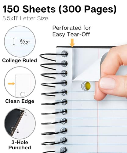 Dunwell 3-Subject Notebook College Ruled 8.5 x 11 (Black), 150 Sheets (300 Pages), Spiral Notebook 8.5x11 with Tabs, Movable Dividers, Storage Pockets, Protective Plastic Covers - color: Black