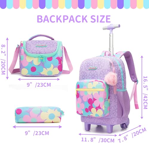 Rolling Backpack for Girls,Backpack with Wheels for Girls Kids Wheeled School Bag Set with Lunch Bag & Pencil Case,Flower Print Elementary Trolley Bookbag for Travel - color: Purple Flower