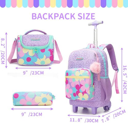 Rolling Backpack for Girls,Backpack with Wheels for Girls Kids Wheeled School Bag Set with Lunch Bag & Pencil Case,Flower Print Elementary Trolley Bookbag for Travel - color: Purple Flower