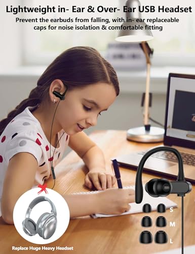 TOPAUX USB Headphone Over-Ear Hook 2.5M 8.2FT Computer Headset Black | Mute Mic USBA Earphone in-Ear Noise Cancel Wired Earbuds for Chromebook/Notebook/Teams for Zoom Office Laptop Desktop PC