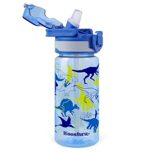 Kids Water Bottle for School, 16 Oz Plastic Straw Water Bottle with Silicone Spout and Leakproof Cover, Dishwasher Safe (Dinosaur) - color: Dinosaur, size: 16 Ounces