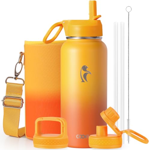 Water Bottle 32 oz Insulated with Straw, Coolflask Stainless Steel Metal 3 Lids Water Flask Wide Mouth for Sports or Office, Non-BPA Keep Cold Up to 48 Hrs or Hot Up to 24 Hrs, Ombre Yellow/Orange - color: Ombre Yellow/Orange, size: 32 Ounces