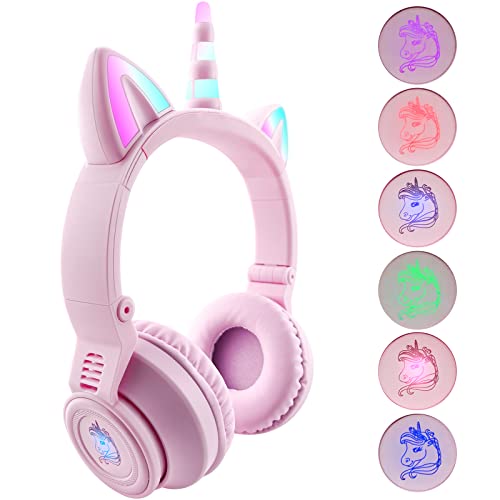 Unicorn Kids Headphones for Girls,7 Colour Flash Unicorn Bluetooth Headphones Foldable for Girls Toddlers Tablet/pad/Amazon fire,Light Up Kids Wireless Headphone Birthday Gifts (Purple Pink) - color: Purple Pink