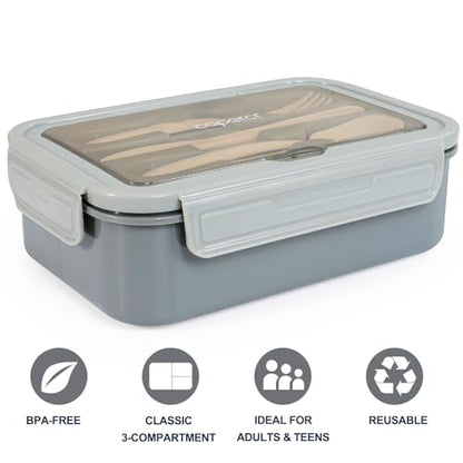 Caperci Classic Bento Box Adult Lunch Box for Older Kids - Leakpoof 47 oz 3-Compartment Lunch Containers for Adults and Teens, Built-in Utensil Set, Ideal for On-the-Go Balanced Eating, Gray - color: Gray