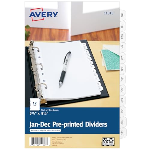 Avery Jan-Dec Mini Dividers for 3 Ring Binders, 12 Tabs per Set, 8.5" x 5.5", Pre-Printed Tabs, 1 Binder Divider Set, Great for Organizing Notes, Projects, Schedules, and More (11315)
