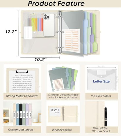 3 Ring 1 Inch Linen Binder Organizer, BVSSX Three Ring Binders with Clipboard, Plastic Folder, 5-Tabs Pocket Dividers with Sticker Labels, Pen Loop, Elastic Strap (Beige, Letter Size) - color: Light Beige, size: 1in（Letter Size）
