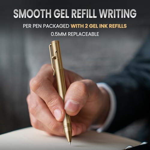 Origin-Joy Brass Bolt Action Pen Set, Heavy Duty EDC Copper Metal Tactile Turn Pen With Gel Ink Refills (Natural Brass) - color: Natural Brass