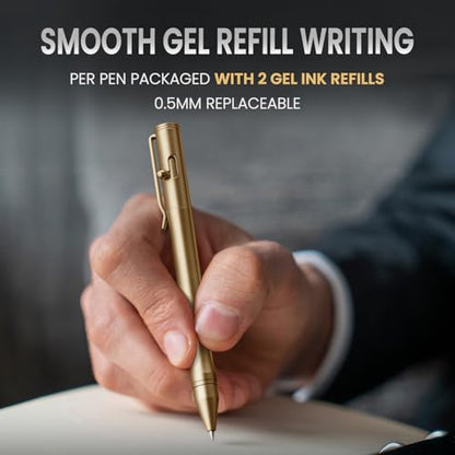 Origin-Joy Brass Bolt Action Pen Set, Heavy Duty EDC Copper Metal Tactile Turn Pen With Gel Ink Refills (Natural Brass) - color: Natural Brass