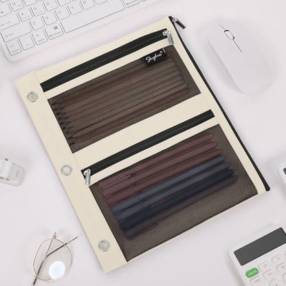 SKYDUE 3 Ring Pencil Pouch for Binder, Zipper Binder Pencil Pouch with 3 Pockets and Mesh Window, Durable Organizer for School Supplies, Cables, Earbuds, Makeup - color: Beige