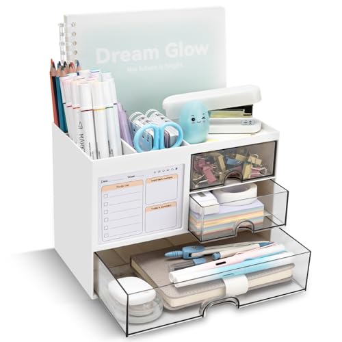QIYVLOS Desk Organizer with 3 Drawer, Multi-Functional Pencil Pen Holder for Desk, Desk Organizers and Storage with 8 Compartments, Desktop Organizer for Office Home Art Supplies (White) - color: White