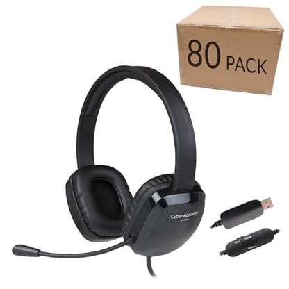 Cyber Acoustics Stereo USB Headset (AC-6012-80), Unidirectional Microphone with Flexible Boom for PC & Mac; in-line Audio Controls; Perfect for Classroom or Home - 80 Pack - size: 80-USBA