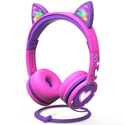 FosPower Kids Headphones with LED Cat Ears (85dB Safe Volume Limit), 3.5mm Soft On-Ear Wired Headphones with Tangle-Free Laced Cables for iPad/Tablet/School/Travel - Hot Pink/Purple - color: 01 - Hot Pink/Purple