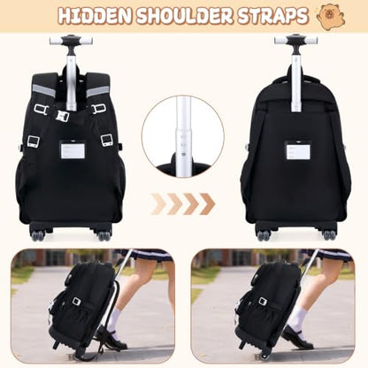 Capybara Rolling Backpack for Girls - 3PCS Girls Backpack Kids Suitcase with Lunch Box & Pencil Case Travel - Capybara Backpack with Wheels for Kindergarten Preschool Elementary (Black) - color: Black