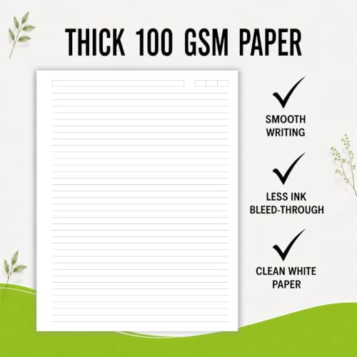 Unpunched College Ruled Loose Leaf Paper, 100 Sheets, Letter Size 8.5 x 11 Inch, 100 GSM White Lined Sheets with Subject & Date Boxes