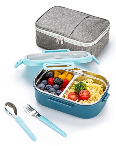Lille Home 28oz Stainless Steel Leakproof 2-Compartment Bento Lunch Box/Portion Control Food Container with Lunch Bag and Cutlery Set, BPA Free (Light Blue) - color: Light Blue
