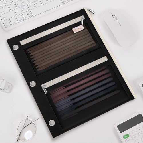SKYDUE Pencil Pouch for Binder, Pencil Case, 3 Ring Binder Pencil Pouch with 3 Pockets and Mesh Window, Zipper Pencil Pouch, Durable Organizer for School Supplies, Cables, Earbuds, Makeup - color: Black