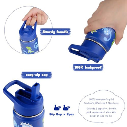 16 oz Stainless Steel Insulated Kids Water Bottle, Leak Proof Metal Thermal Flask with Straw lid, Cute Toddler Tumbler Cup for School Girls & Boys (Blue, Dino) - color: Blue, Dino