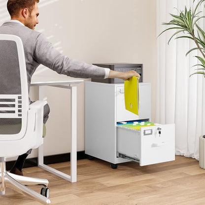 BYNSOE 2 Drawers File Cabinet with Lock Metal Vertical File Cabient with Wheels Mobile File Cabinet for Office Home Legal/Letter/a4 Size Require Assembly (White, 2 Drawers) - color: White, size: 2 Drawers-wheels