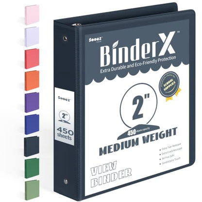 BinderX Extra Durable 3 Ring Binder, Round Rings 2 Inch Binder, Fits 450 Sheets of 8.5x11 Paper, Customizable View Cover with Inside Pockets, Cute 2" Binders, 2 Inch 1 Pack, Dark Blue - color: Dark Blue, size: 2 inch