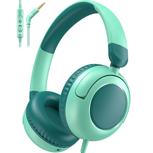 V8 Kids Headphones,Wired Headphones with Mic, 85/94dB Volume Limiter, Tangle-Free 3.5mm Jack, Stereo Sound, Shared Interface, Adjustable Portable Headphones for School & Travel （Green） - color: Green