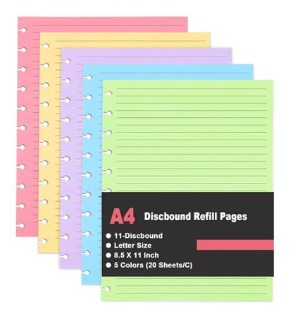 A4 TUL Discbound Lined Refill Paper, 11 Disc Hole Punched Ruled Filler Paper, Letter Size Refills Paper, 5 Colors(20 Sheets/C), Total 100 Sheets/200 Pages, College ruled, 8.5 x 11 In