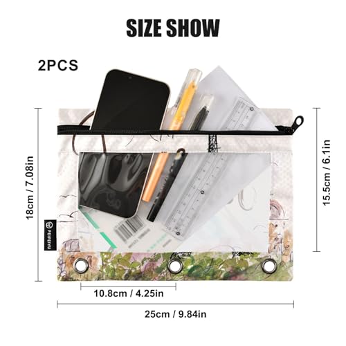 ZAZYXTJ Eiffel Tower Binder Pencil Pouchs 3 Ring with Zipper Clear Window | Office Organizers bag for School Students Teacher Supplies 2 Pack - color: Eiffel Tower