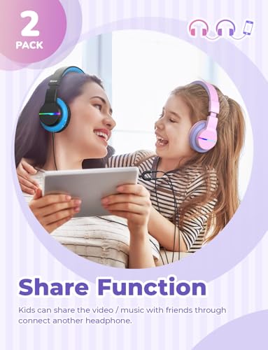 iClever BTH12 Kids Bluetooth Headphones 2 Pack,Colorful LED Lights,74/85dBA Safe Volume,85H Playtime,Bluetooth 5.2,Over Ear Kids Headphones Built-in Mic for iPad/Tablet/Airplane, Pink & Black - color: Pink&Black