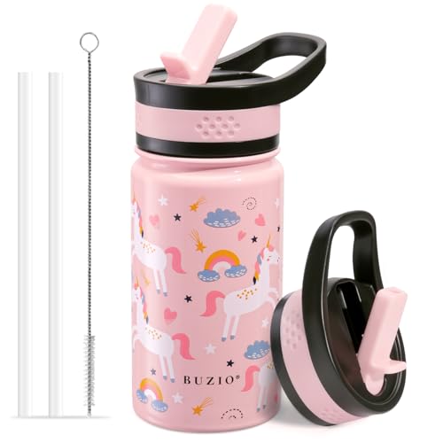 BUZIO 14oz Kids Water Bottle with Straw Lid, Insulated Toddler Water Bottle for School Stainless Steel Thermo Cup for Girls Boys Reusable Leak Proof Bpa-Free Double Walled Flask, Pink Unicorn - color: Pink Unicorn
