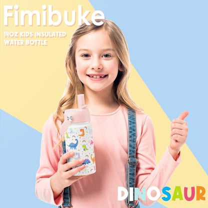 Fimibuke Kids Insulated Water Bottle, 14oz BPA FREE 18/8 Stainless Steel Travel Tumbler Double Wall Vacuum Leak Proof Kids Cup with Straw Metal Bottle for School Boys Girls(1 Pack, WHITE DINOSAUR) - color: A12. WHITE DINOSAUR