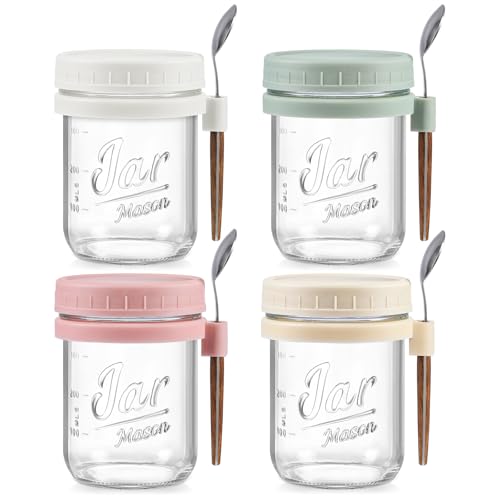 4 Pack Overnight Oats Containers with Lids and Spoons, 16 oz Glass Mason Jars with Airtight Lids, Overnight Oats Jars for Milk, Cereal, Fruit - color: Light Colors