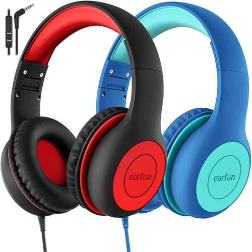 EarFun 2Packs Kids Headphones Wired with Microphone, 85/94dB Volume Limit Headphones for Kids, Portable Wired Headphone with Shareport, Stereo Sound Foldable Headset for School/Tablet/iPad/Kindle - color: Blue&Black