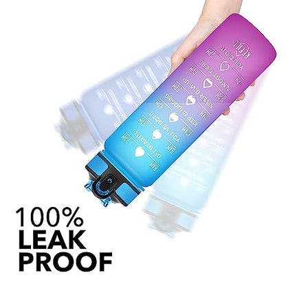 Hyeta Water Bottle with Straw & Time Marker, Plastic 32oz Leakproof | Motivational Tritan BPA Free Gym Office Outdoor Intake Tracker Hourly Reminder Straw Lid Carry Strap - color: Starsky