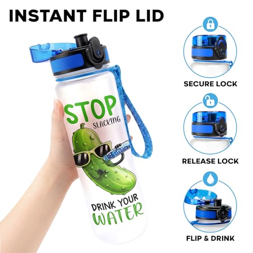 Funny Pickle Motivational Water Bottle 32 oz with Time Marker, Stop Slacking Drink Your Water Daily Hydration Tracker Jug for Women, Men, Adults, Gym, Office - color: Pickle