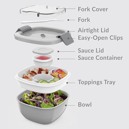 Bentgo Salad Container - 54 oz Bowl with 4-Compartment Toppings Tray, Leak-Proof Dressing Container, Reusable Fork, BPA-Free Lunch Box for Meal Prep & Food Storage; Removable Bento Tray (Gray) - color: Gray
