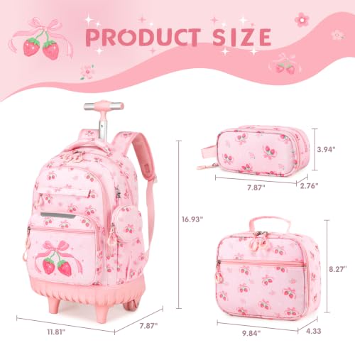 Rolling Backpack for Girls, 3PCS Roller School Backpacks for Girls with Lunch Bag and Pencil Pouch, Kids Bookbag School Bag with Wheels for Kindergarten Elementary Middle School Travel - color: Pink Bow Cherry