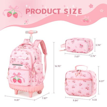 Rolling Backpack for Girls, 3PCS Roller School Backpacks for Girls with Lunch Bag and Pencil Pouch, Kids Bookbag School Bag with Wheels for Kindergarten Elementary Middle School Travel - color: Pink Bow Cherry
