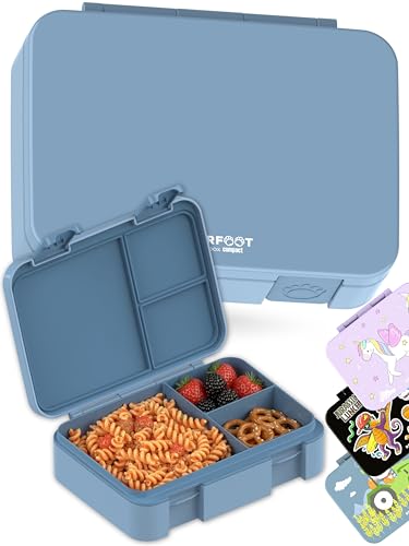 BEARFOOT Kids Lunch Box with Compartments – Compact & Lightweight | Leak-Proof, BPA-Free, Dishwasher Safe | Hand-Drawn Design for Preschool, School, Travel (Blue, 4 Cups) - color: Blue, size: 4 Cups