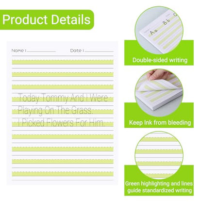 zmybcpack 2 Pack 8.5" x 11" Highlighted Write Beginner Paper for Kids | Handwriting Paper for Kids Letter Positioning (100 Sheets Each Pack, Double Printed)