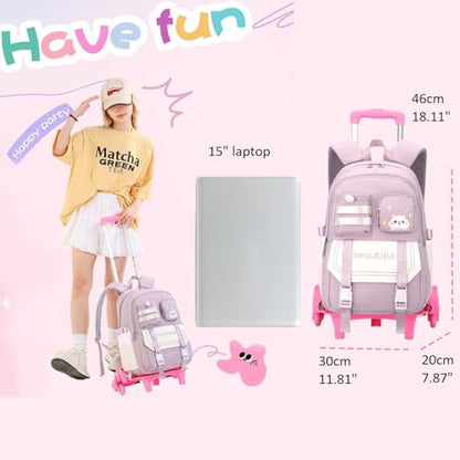 Cat Print Rolling Backpack for Girls Kids Backpack with Wheels Roller Bookbag Trolley School Bag Wheeled Bag Blue - color: 6 Wheels Blue A1, style: 6 Wheels