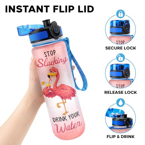 Flamingo Water Bottle 32oz with Time Marker Cute Pink Flamingo Gift Birthday Gift for Women Girls Reusable Daily Motivation Drinking Bottle with Handle and Lid - color: Pink White