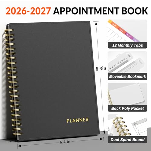 SUNEE 2026-2027 Appointment Book, Quarter-Hourly, Weekly & Monthly - from July 2026 to June 2027, 6.4"x8.3" Academic Planner, Flexible Cover, Note Pages, Bookmark, Spiral Binding, Black - color: Minimalist Black