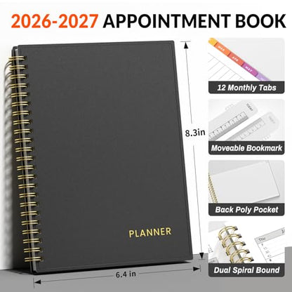 SUNEE 2026-2027 Appointment Book, Quarter-Hourly, Weekly & Monthly - from July 2026 to June 2027, 6.4"x8.3" Academic Planner, Flexible Cover, Note Pages, Bookmark, Spiral Binding, Black - color: Minimalist Black