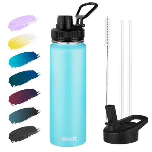 MEZMUT 24oz Stainless Steel Metal Sports Insulated Water Bottle (Blue） | Leak-Proof Reusable Travel Cup for Man, Double Wall Vacuum Cold Water Bottle with Straw and 2 Lids for Hiking, Camping, Gym - color: Blue, size: 24 Ounces