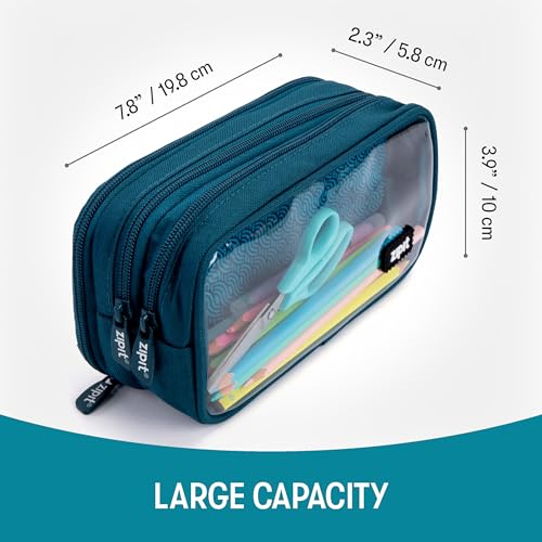 ZIPIT Half & Half Pencil Case, 3 Compartment Zipper Pouch for School, Stationery Bag for Teen Girls Boys and Adults, Teal - color: Teal