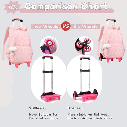 Bansusu 3Pcs Girls Rolling Backpack for Kids School, Lucky Leaf School Bag Girls Roller Backpack with 6 Wheels, Blue+pink - color: 3pcs-6 Wheels-blue+pink