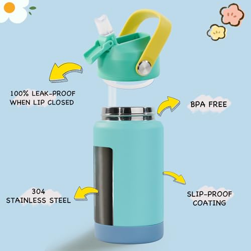 Kerilyn 12oz Kids Water Bottle, Stainless Steel Insulated Water Bottle For Kids, Toddler Cup With Straws Leak-proof, Kids Water Bottles For School Boys Girls, BPA Free, Twilight Green - color: Twilight Green