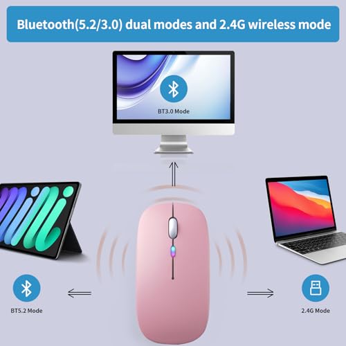 Wireless Bluetooth Mouse, Rechargeable, LED, Silent, Ultra-thin Design (Bluetooth 5.2 and 2.4GHz USB Receiver) | Portable Computer Mouse for Laptops, iPads, MacBooks and Apple Devices (Pink) - color: Pink